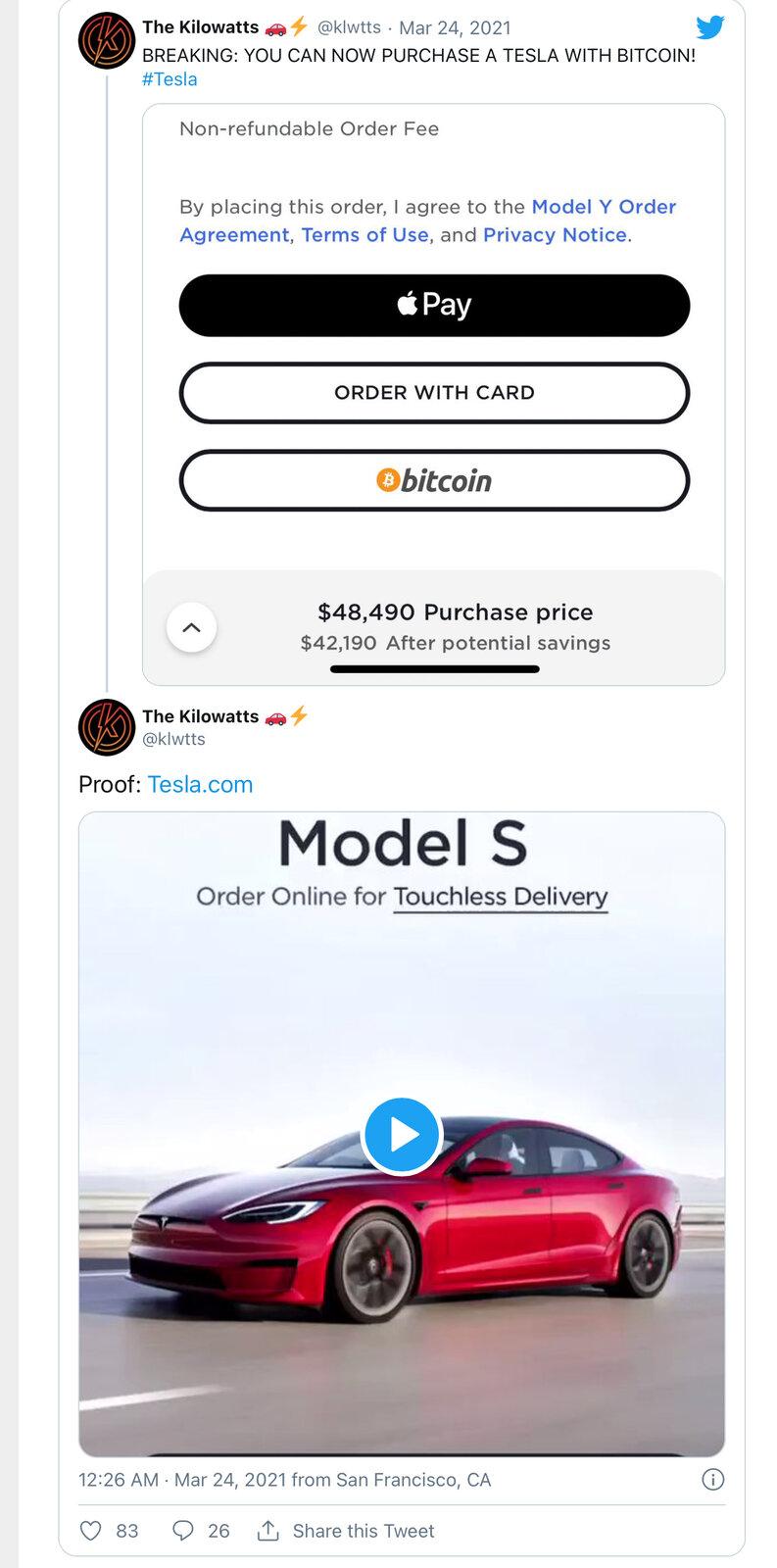 Tesla Model 2 Tesla launches Bitcoin payments for vehicle orders in US, other territories to follow 8D0C2768-54E2-4211-931D-9FF91D53D732