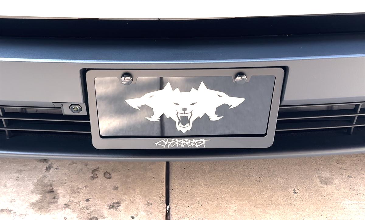 Tesla Model 2 ? CYBERBEAST Cerberus Vanity License Plate club-vanity-cyberbeast-and-frame-front