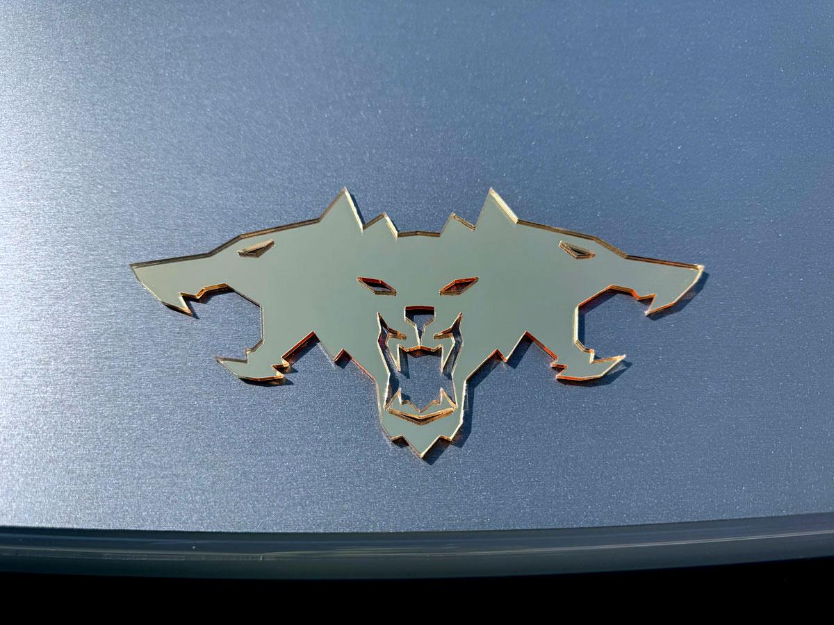 Tesla Model 2 ? Metallic Silver Cyberbeast 3D Laser-Cut Emblems emblem-gold-hood-close