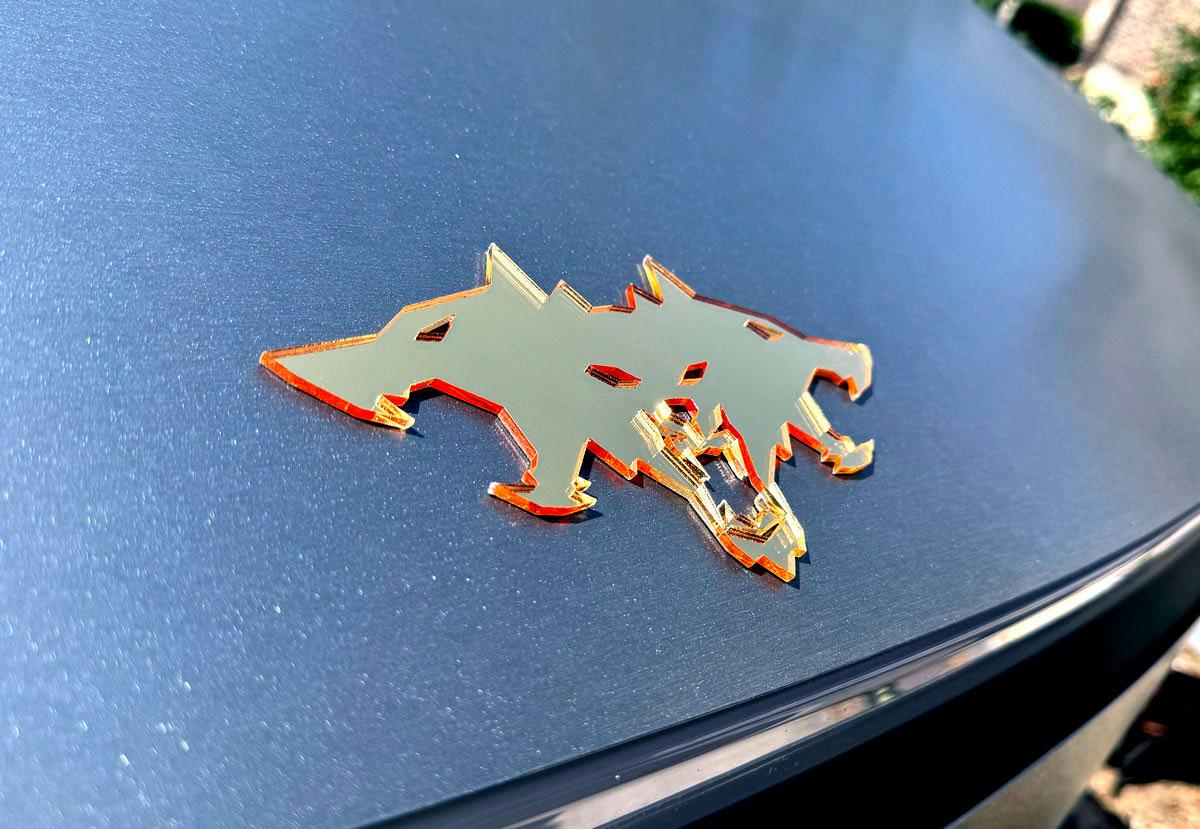 Tesla Model 2 ? Metallic Silver Cyberbeast 3D Laser-Cut Emblems emblem-gold-hood-close-side