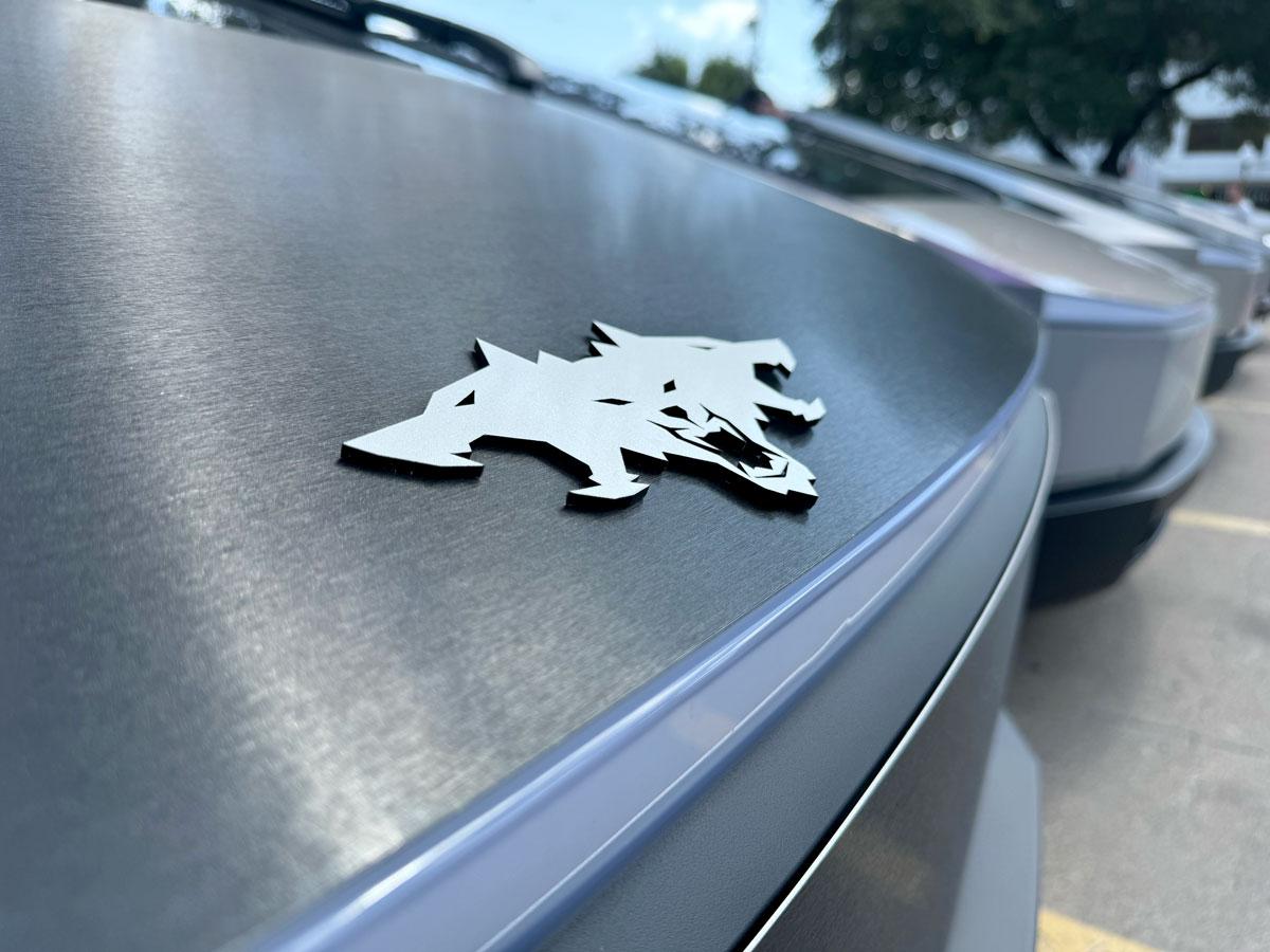 Tesla Model 2 ? Metallic Silver Cyberbeast 3D Laser-Cut Emblems hood-sid