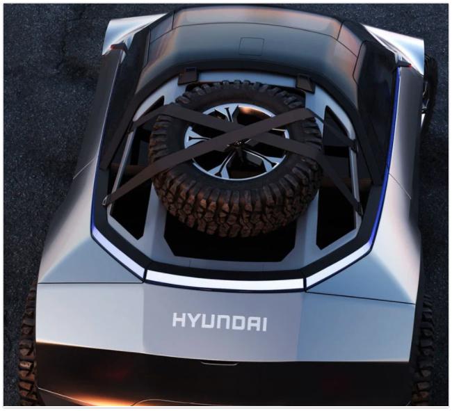 Tesla Model 2 HYUNDAI EGG COMPACT PICKUP TRUCK with spare tire. Hyundai EGG compact pickup truck carries a miniature Cybertruck vibe - Yanko Design 2022-01-08