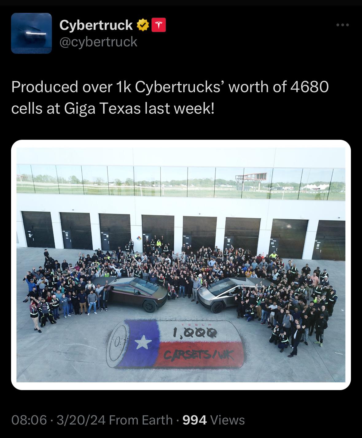 Tesla Model 2 Over 1K Cybertrucks worth of 4680 battery cells were produced at Giga Texas last week! IMG_1348