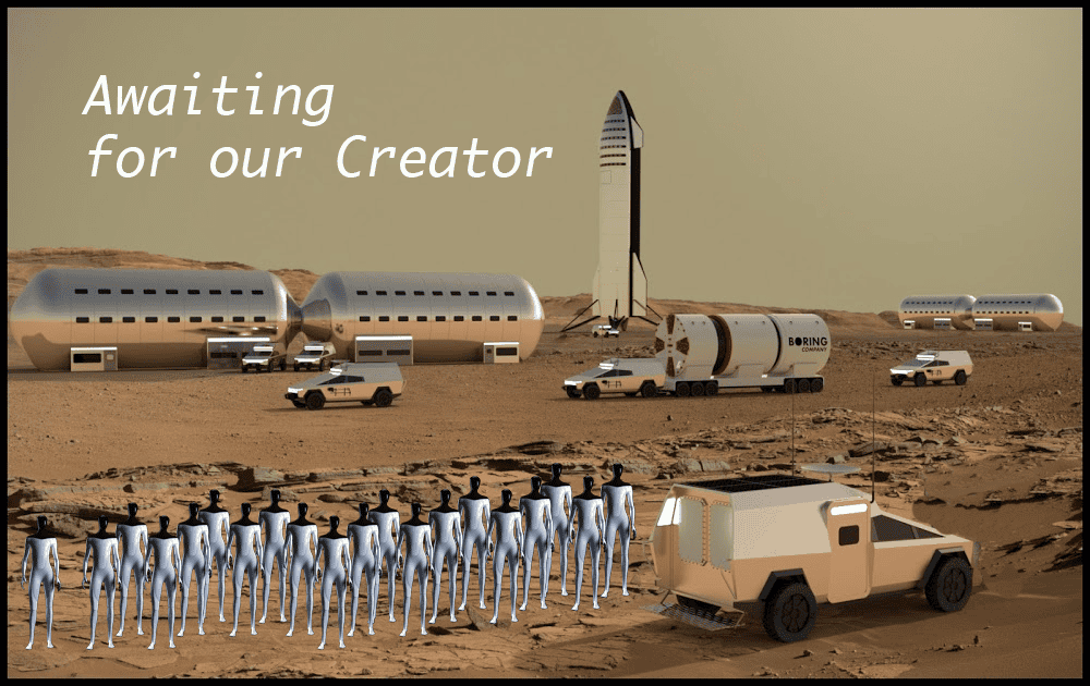 Tesla Model 2 Tesla Optimus Bot first Colony on Mars Mars base bot waiting for creator