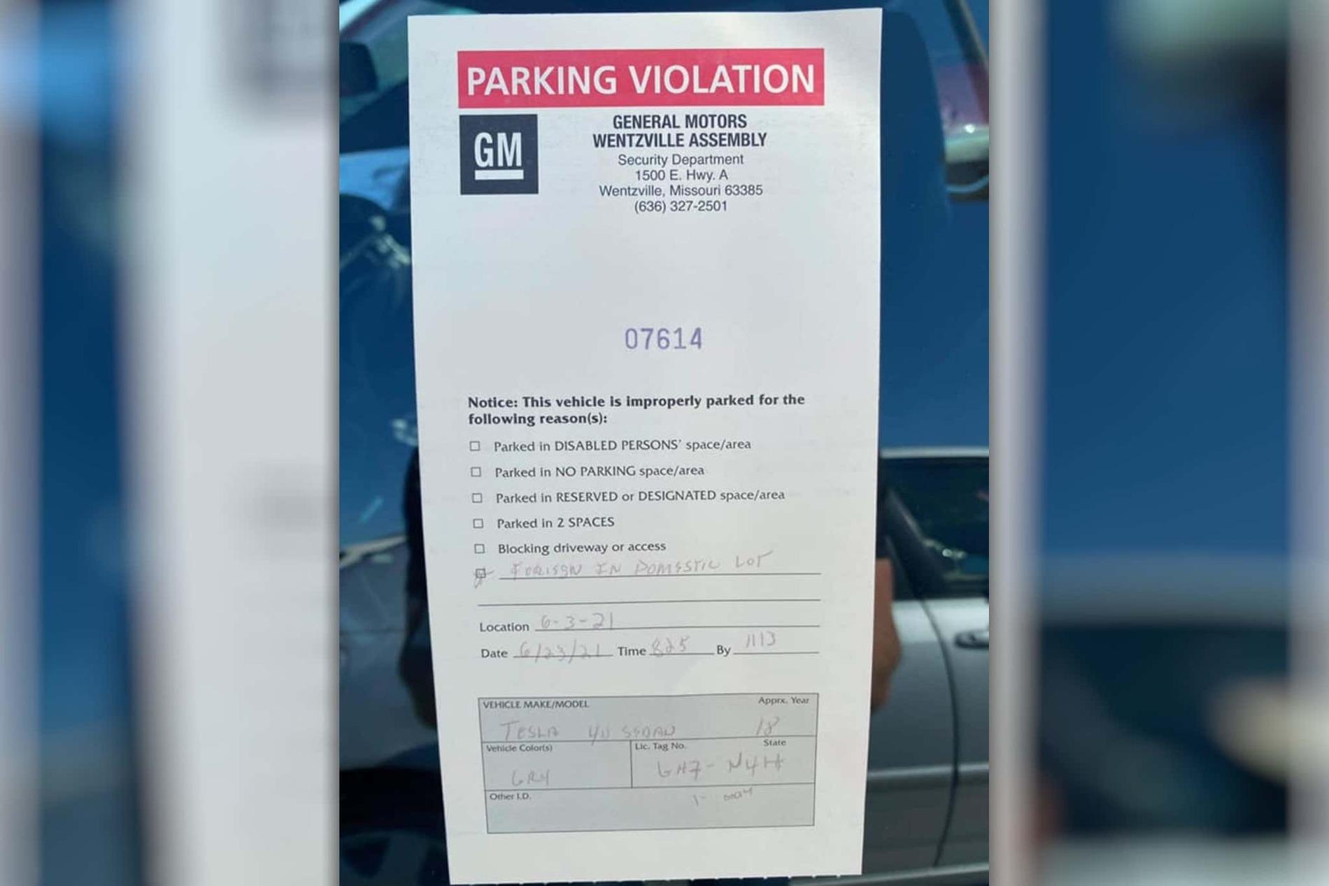 Tesla Model 2 Tesla Driver Ticketed After Parking 'Foreign Car in Domestic Lot' at GM Factory message-editor%2F1624638114248-inlinec