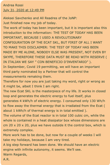 Tesla Model 2 Infinite Range with Ecat SKL "Cold Fusion" Cell Rossi Ecat SKL Test Success