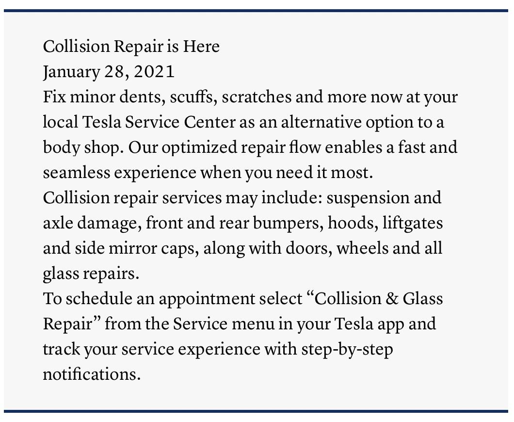 Tesla Model 2 Tesla now offering collision repairs in service centers Screen Shot 2021-02-01 at 7.24.18 AM