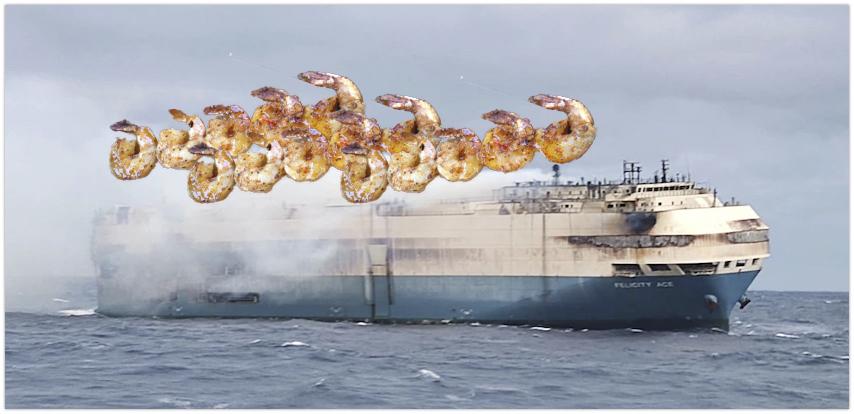 Tesla Model 2 Ship carrying EVs burning out of control Shrimp on barbie